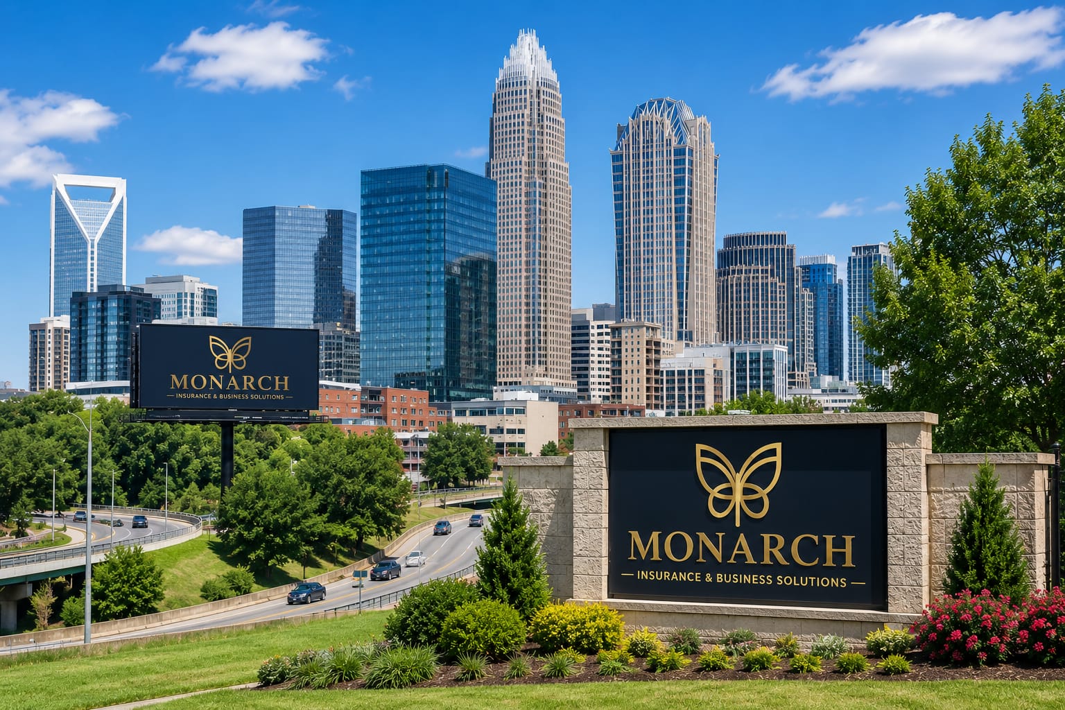 Monarch Insurance & Business Solutions con el skyline de Charlotte, North Carolina